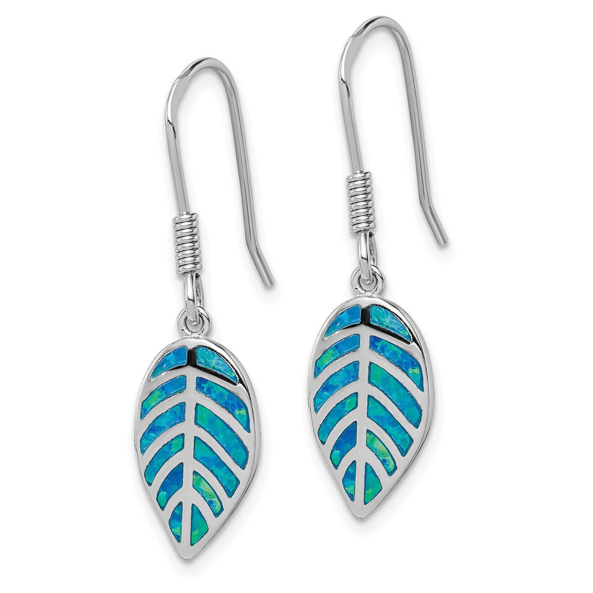 Sterling Silver Leaf Dangle Earrings with Blue Green Opal Inlay, Nature Inspired Boho Jewelry