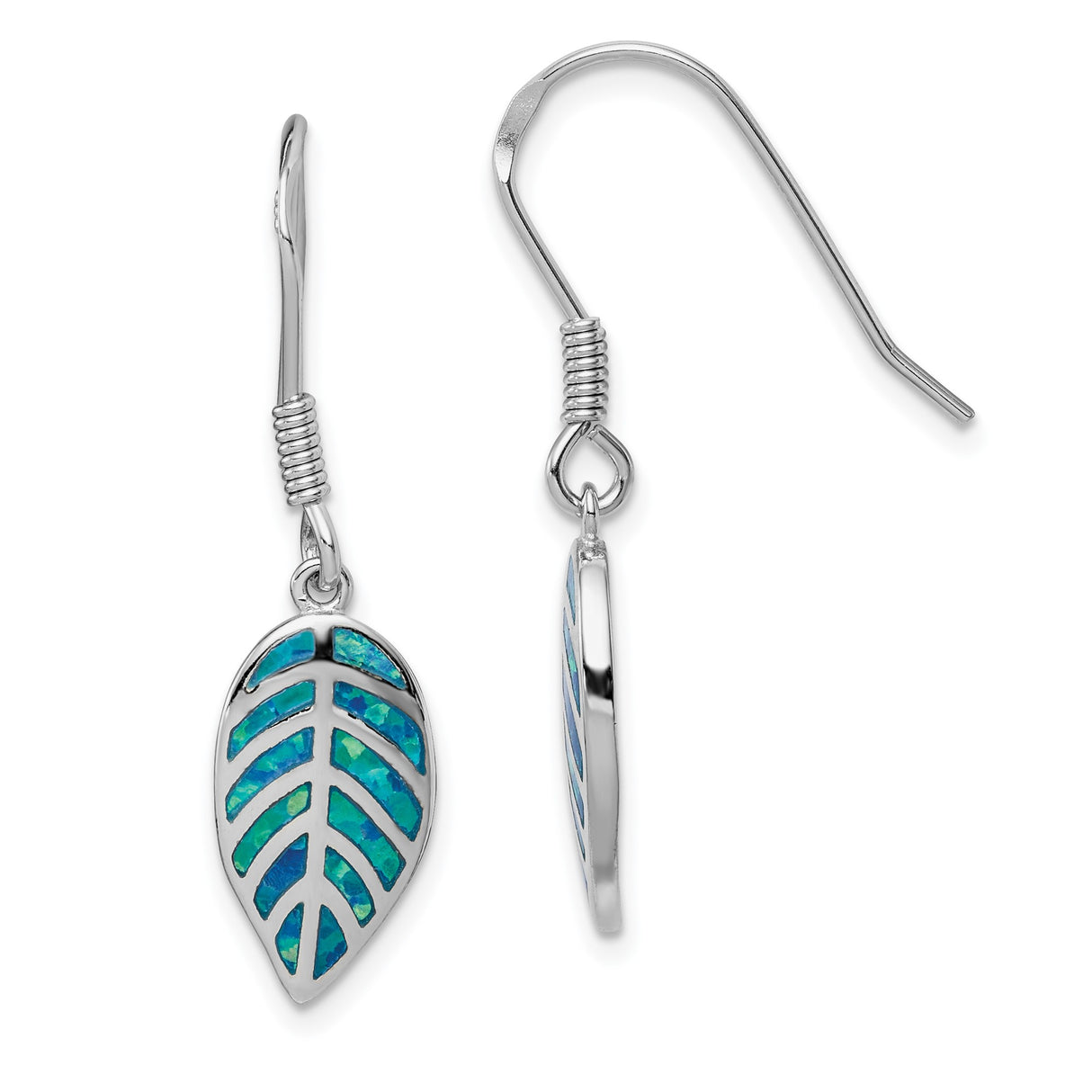 Sterling Silver Leaf Dangle Earrings with Blue Green Opal Inlay, Nature Inspired Boho Jewelry