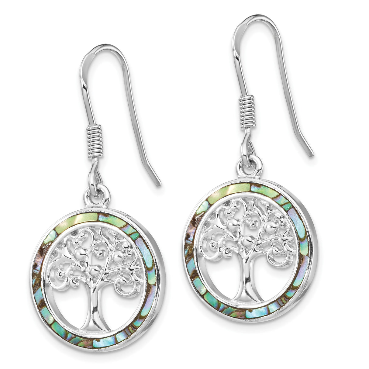 Sterling Silver Dangle Earrings with Tree of Life and Abalone Shell Inlay