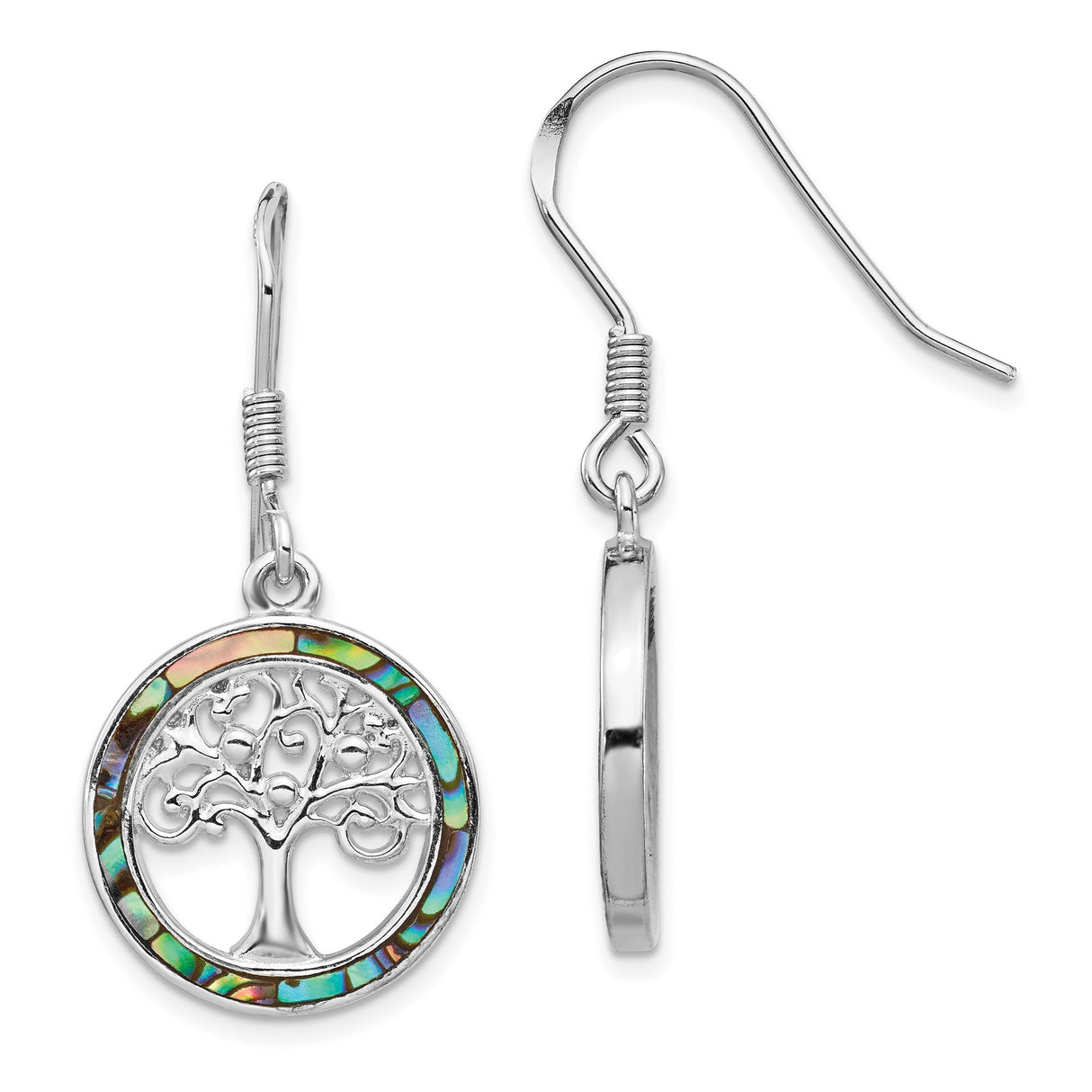 Sterling Silver Dangle Earrings with Tree of Life and Abalone Shell Inlay