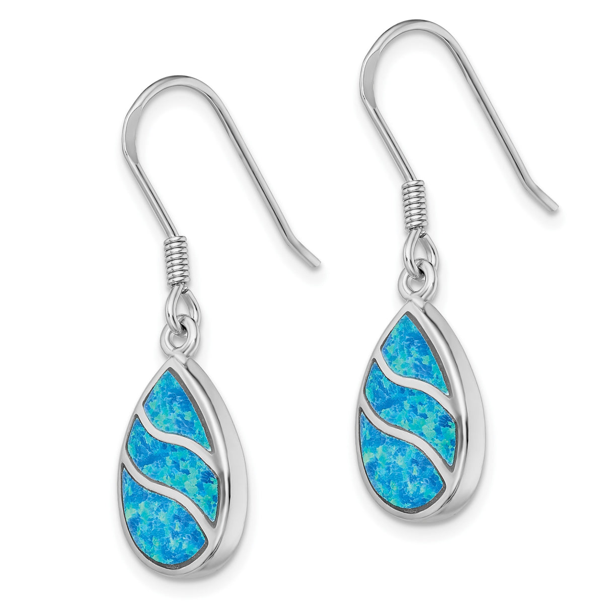 Sterling Silver Dangle Earrings with Teardrop Blue Opal Inlays, Ocean Wave Coastal Design