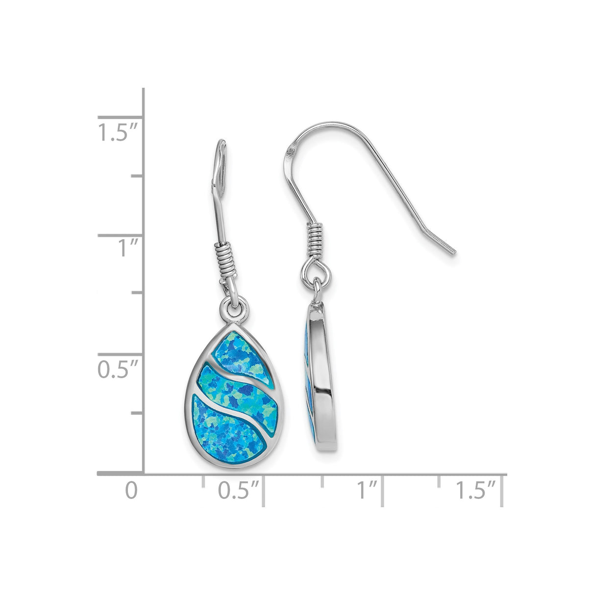 Sterling Silver Dangle Earrings with Teardrop Blue Opal Inlays, Ocean Wave Coastal Design
