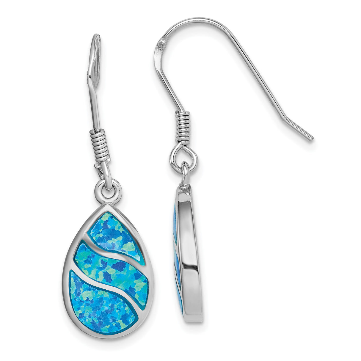Sterling Silver Dangle Earrings with Teardrop Blue Opal Inlays, Ocean Wave Coastal Design