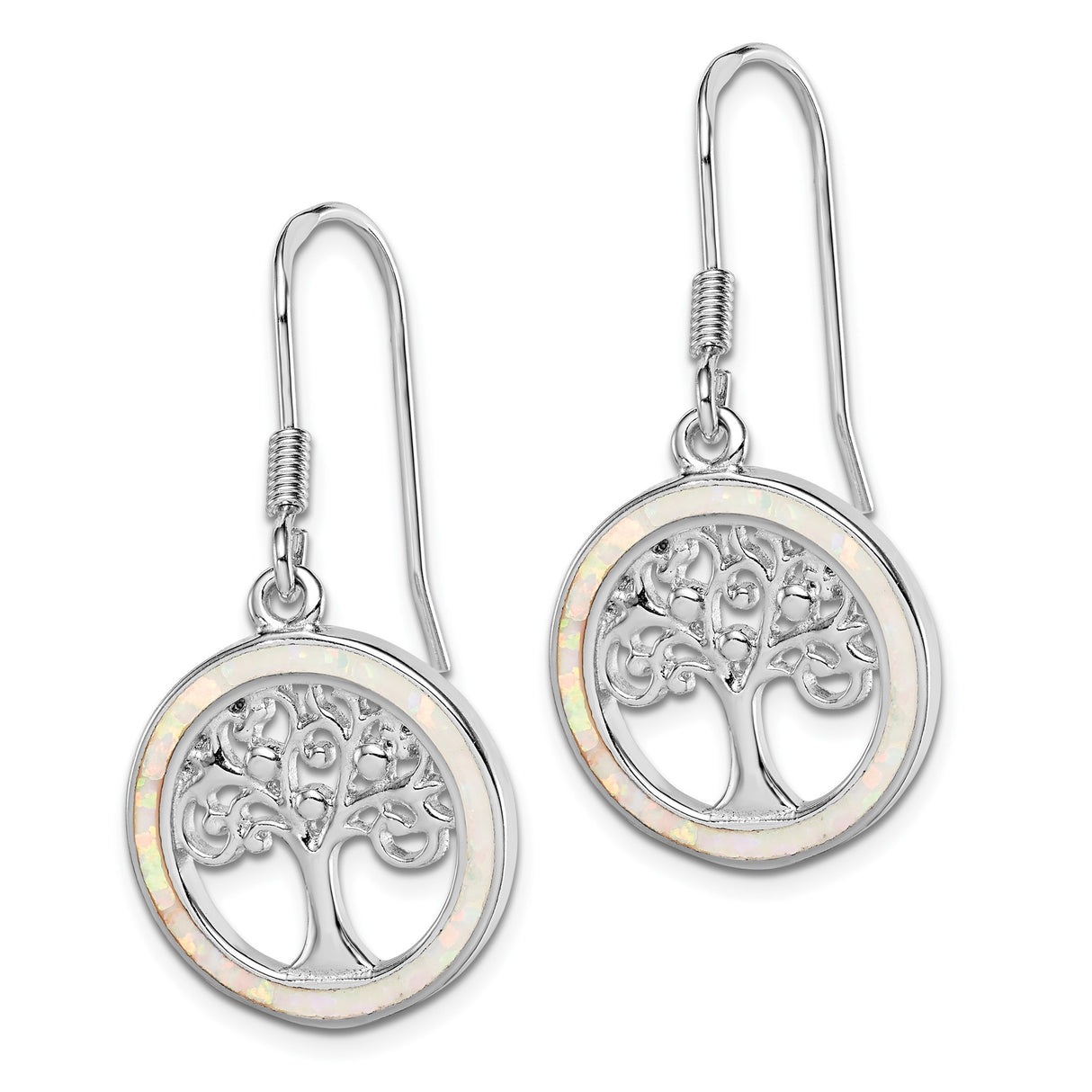 Sterling Silver Tree of Life Dangle Earrings with Created Opal, Openwork Circle Design, Boho Style
