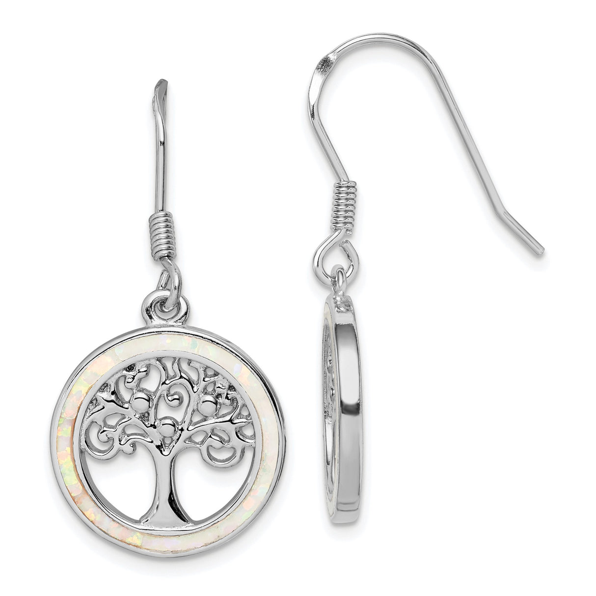 Sterling Silver Tree of Life Dangle Earrings with Created Opal, Openwork Circle Design, Boho Style