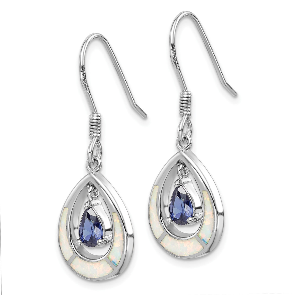 Sterling Silver Dangle Earrings with Blue Cubic Zirconia and Lab-Created Opal Teardrop Design
