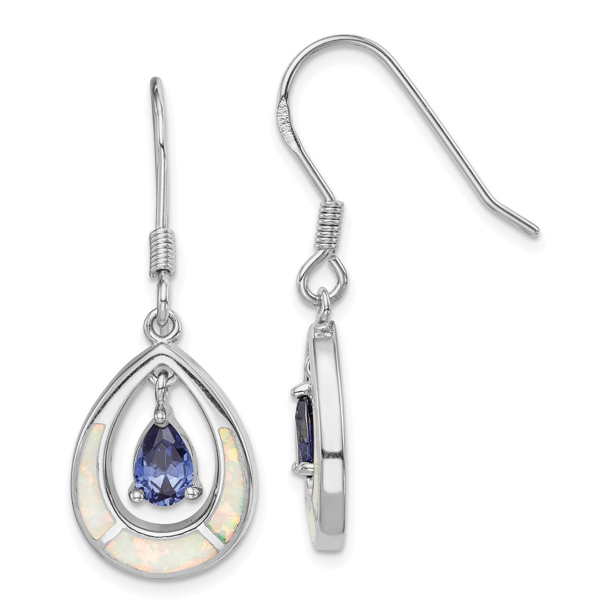 Sterling Silver Dangle Earrings with Blue Cubic Zirconia and Lab-Created Opal Teardrop Design