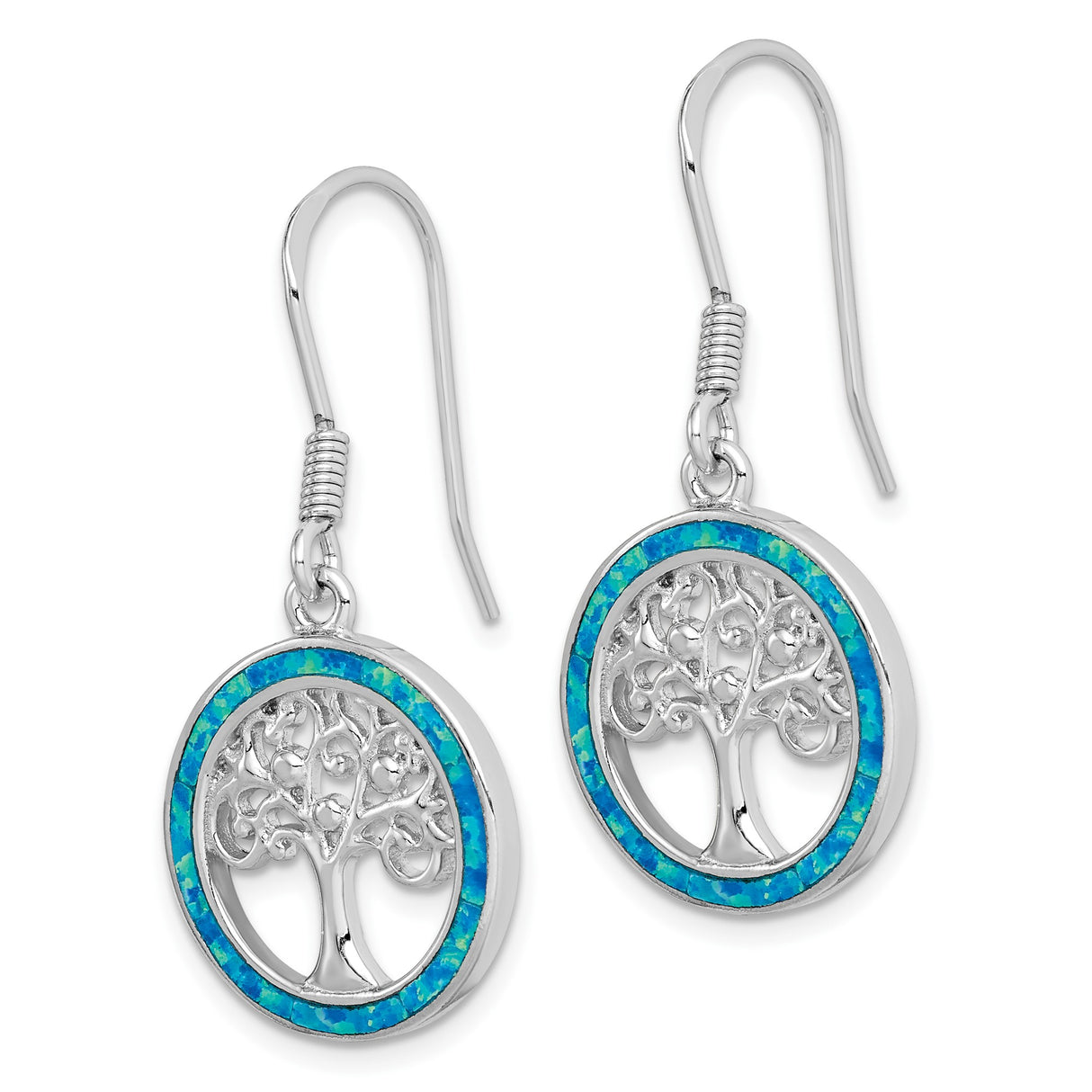 Sterling Silver Dangle Earrings with Created Blue Opal, Tree of Life Boho Celtic Design