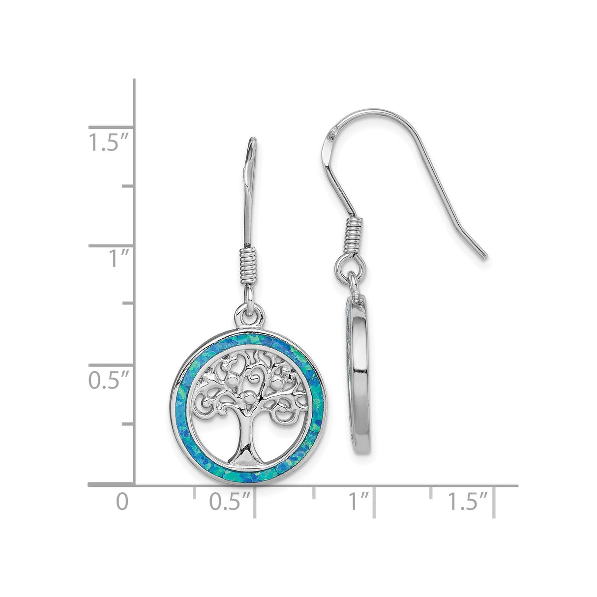 Sterling Silver Dangle Earrings with Created Blue Opal, Tree of Life Boho Celtic Design