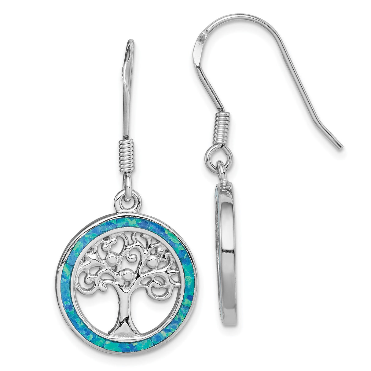 Sterling Silver Dangle Earrings with Created Blue Opal, Tree of Life Boho Celtic Design