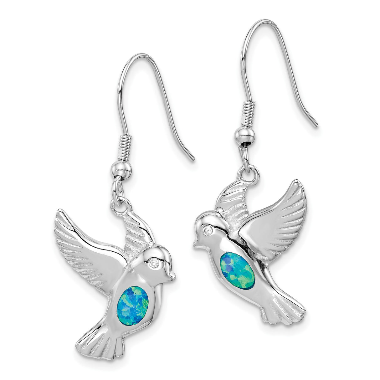 Sterling Silver Dangle Earrings with Created Opal, Dove and Peace Symbol Design, Christian Theme