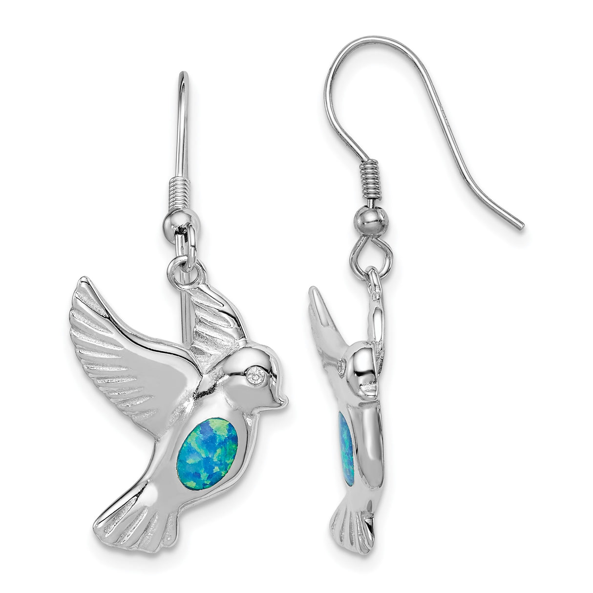 Sterling Silver Dangle Earrings with Created Opal, Dove and Peace Symbol Design, Christian Theme