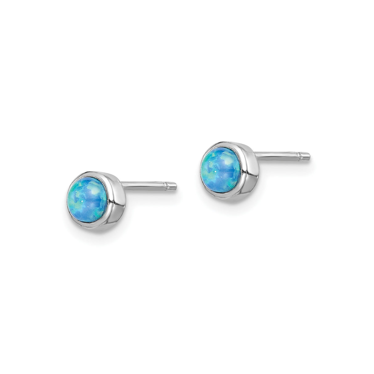 Sterling Silver Stud Earrings with Created Blue Opal, Round Bezel Set Minimalist Design