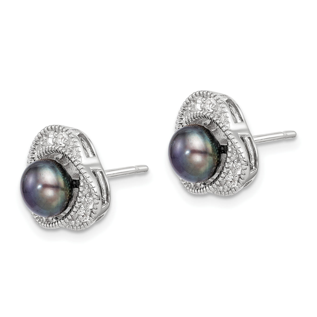 Sterling Silver Pearl Stud Earrings with Floral Design and Cubic Zirconia Accents
