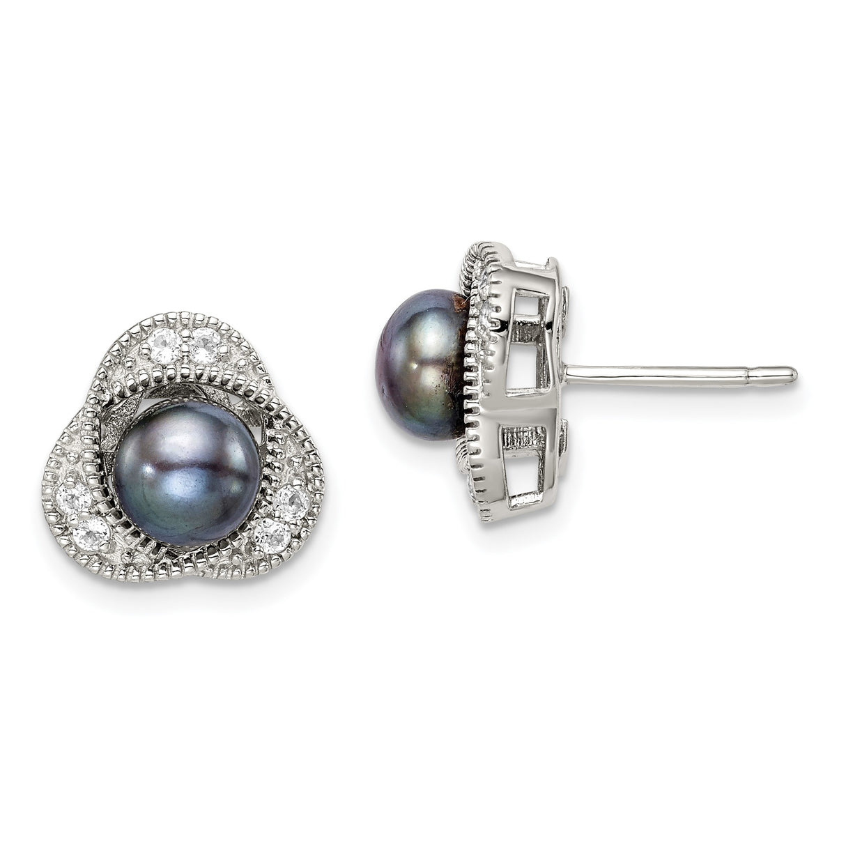 Sterling Silver Pearl Stud Earrings with Floral Design and Cubic Zirconia Accents