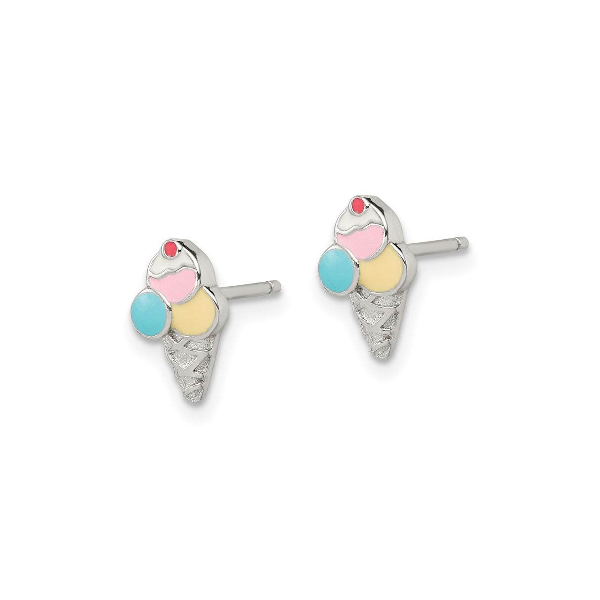 Sterling Silver Ice Cream Cone Stud Earrings with Colorful Enamel Scoops, Whimsical Summer Jewelry
