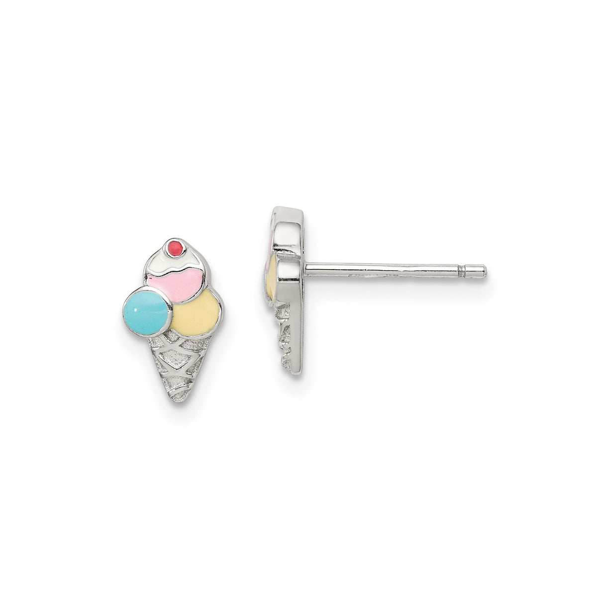Sterling Silver Ice Cream Cone Stud Earrings with Colorful Enamel Scoops, Whimsical Summer Jewelry