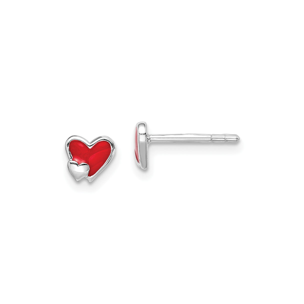 Sterling Silver Heart Stud Earrings with Red Enamel Double Heart Design for Women and Teens