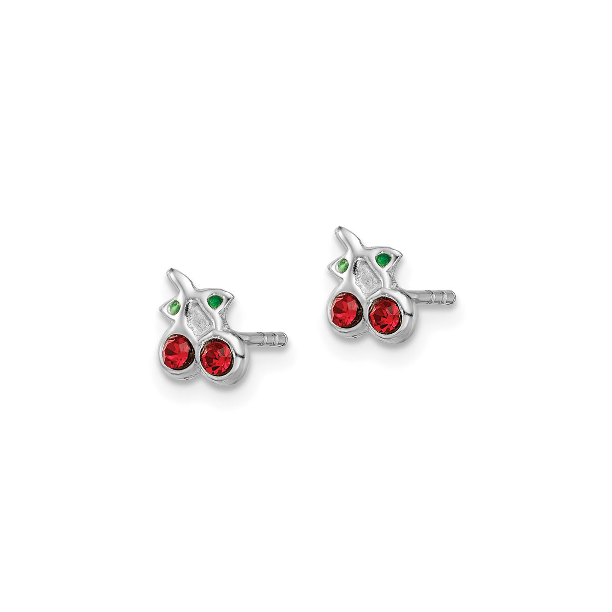 Sterling Silver Cherry Stud Earrings with Red and Green Crystals, Whimsical Fruit Design