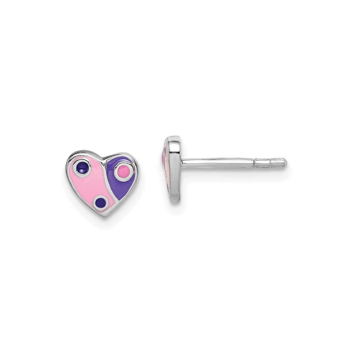 Sterling Silver Heart Stud Earrings with Pink and Purple Yin Yang Enamel Design