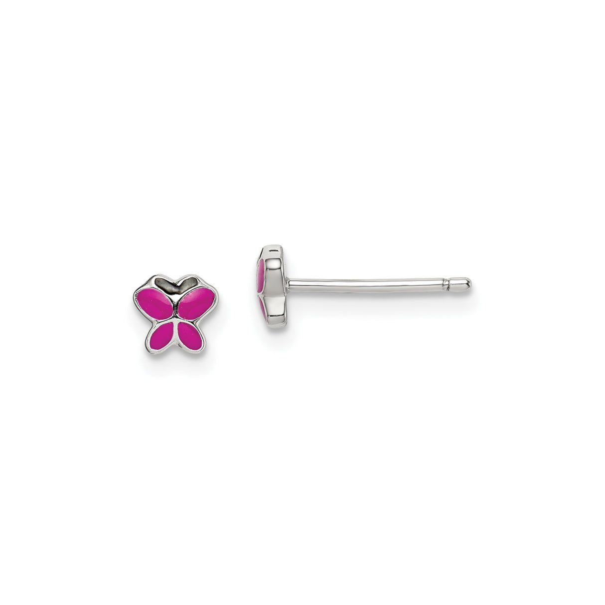 Sterling Silver Butterfly Stud Earrings with Pink Enamel Inlay, Dainty Youth Jewelry