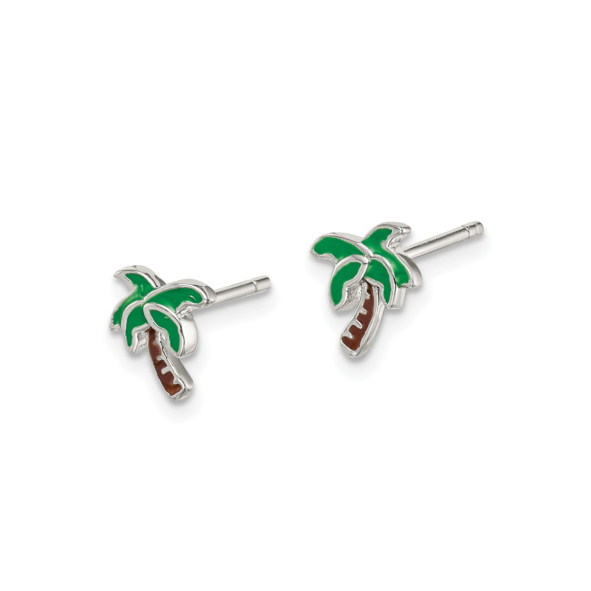 Sterling Silver Palm Tree Stud Earrings with Green and Brown Enamel, Tropical Beach Style