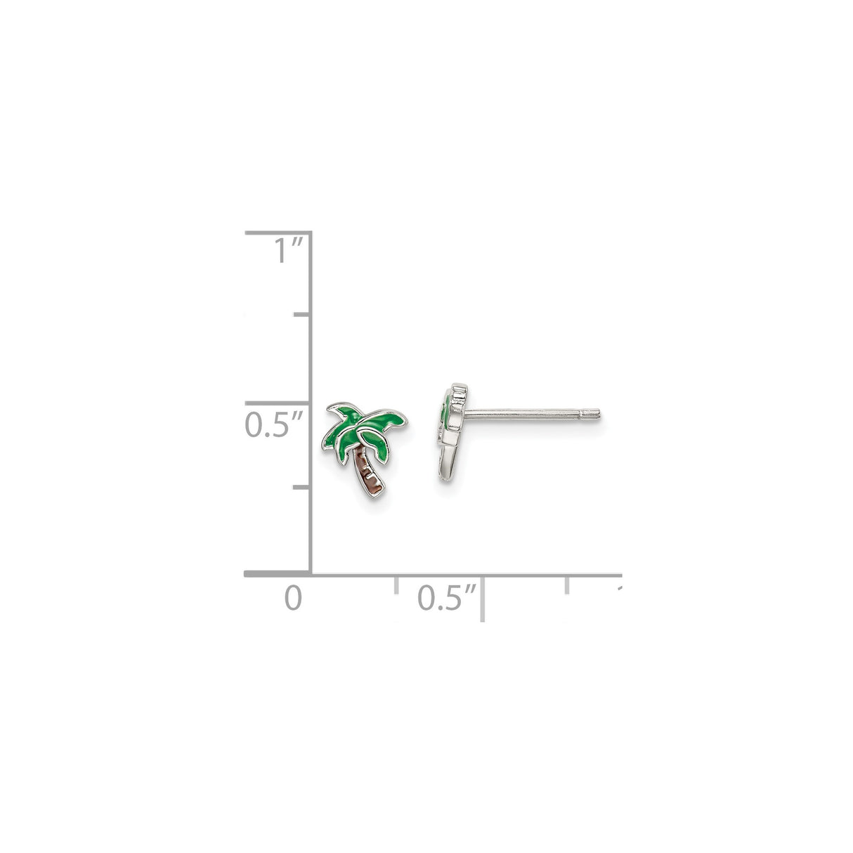 Sterling Silver Palm Tree Stud Earrings with Green and Brown Enamel, Tropical Beach Style