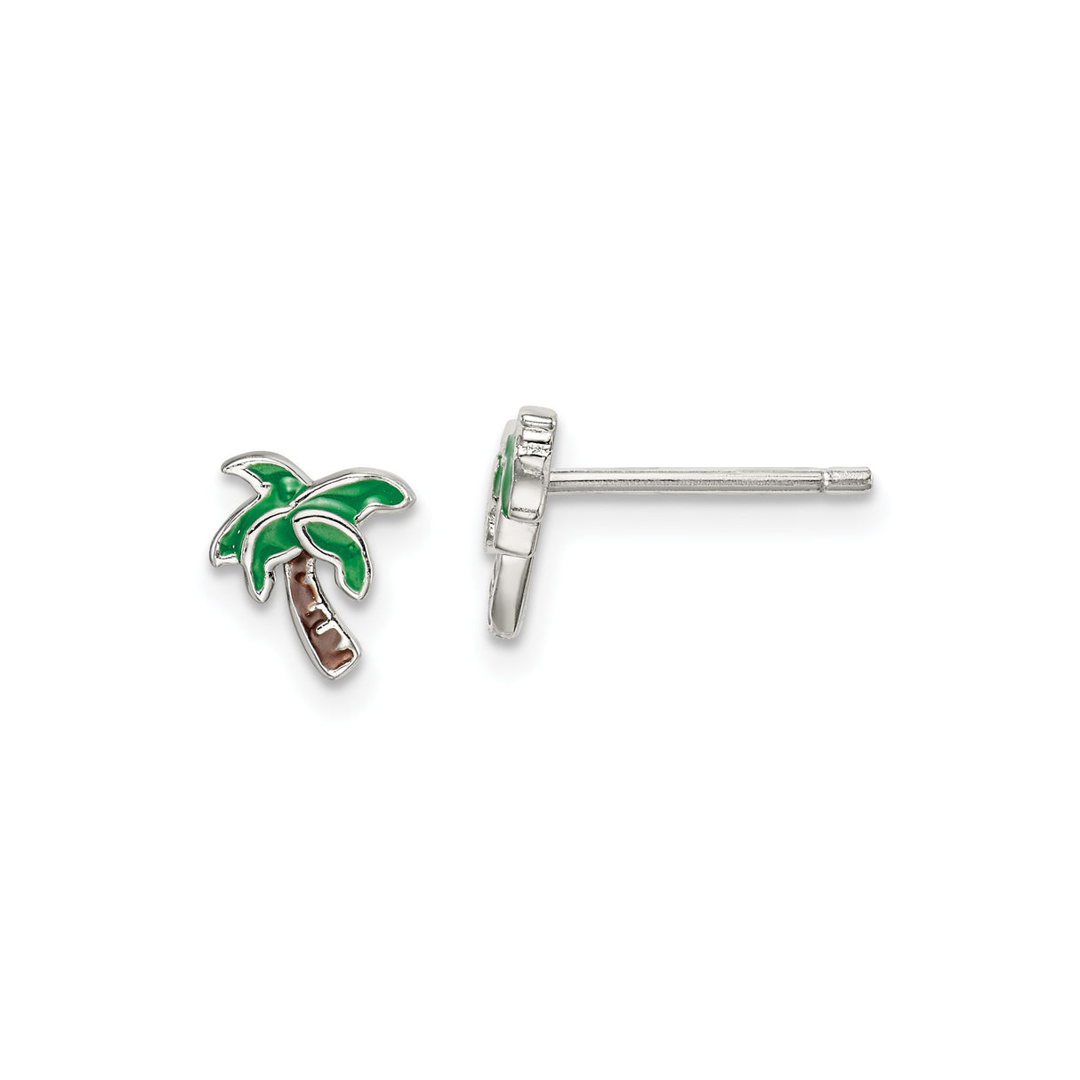Sterling Silver Palm Tree Stud Earrings with Green and Brown Enamel, Tropical Beach Style