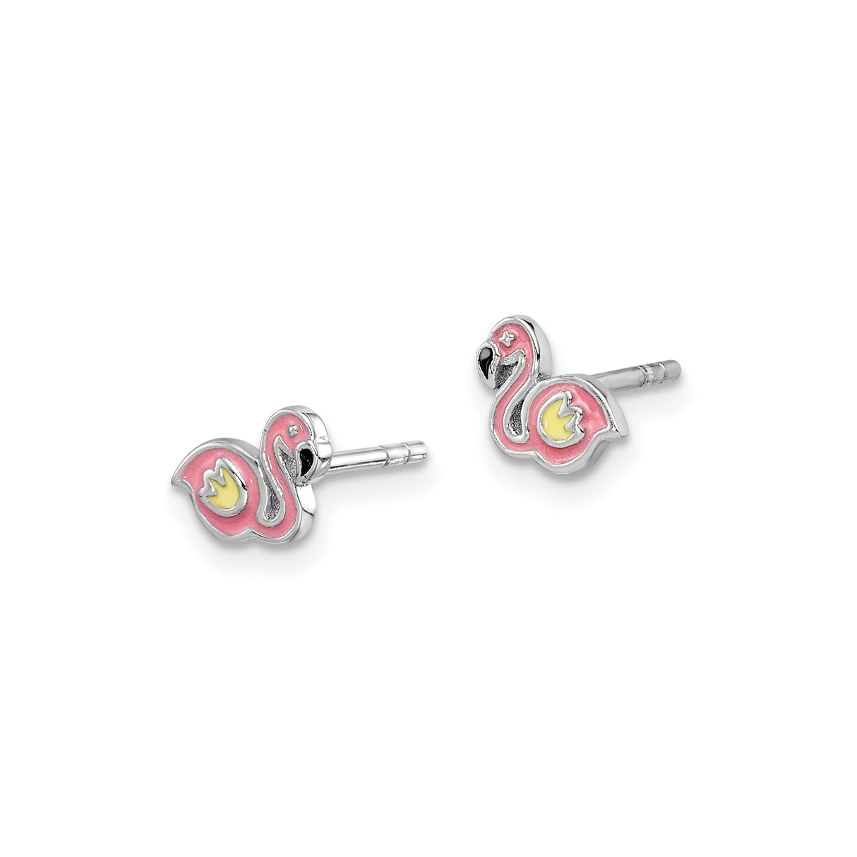 Sterling Silver Flamingo Stud Earrings, Pink Yellow Black Enamel, Tropical Bird Design