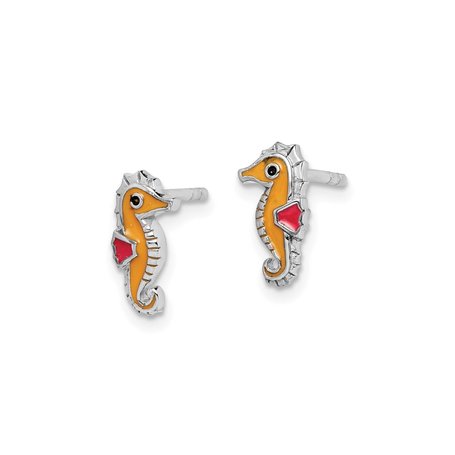 Sterling Silver Seahorse Stud Earrings with Orange Red Enamel, Nautical Beach Style