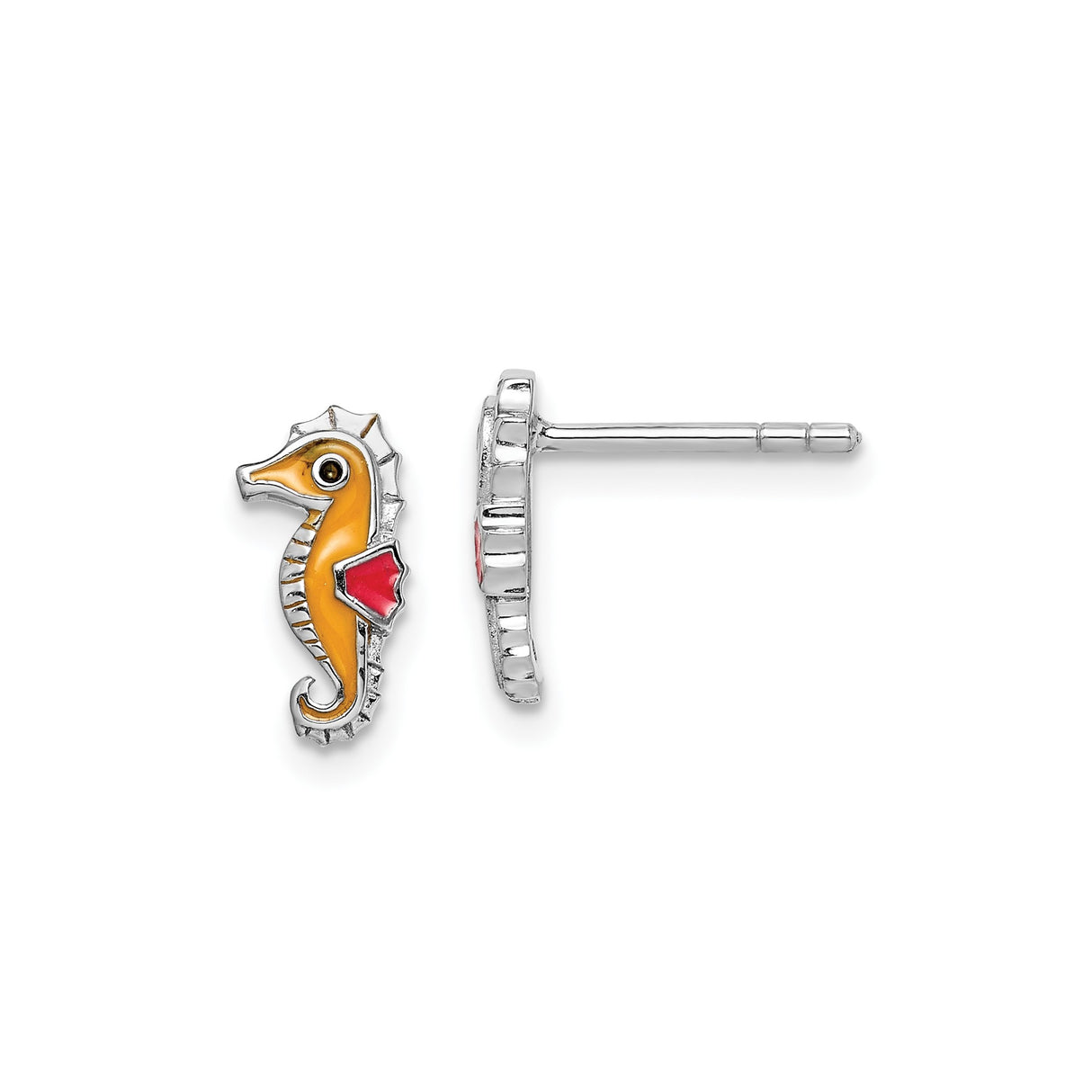 Sterling Silver Seahorse Stud Earrings with Orange Red Enamel, Nautical Beach Style