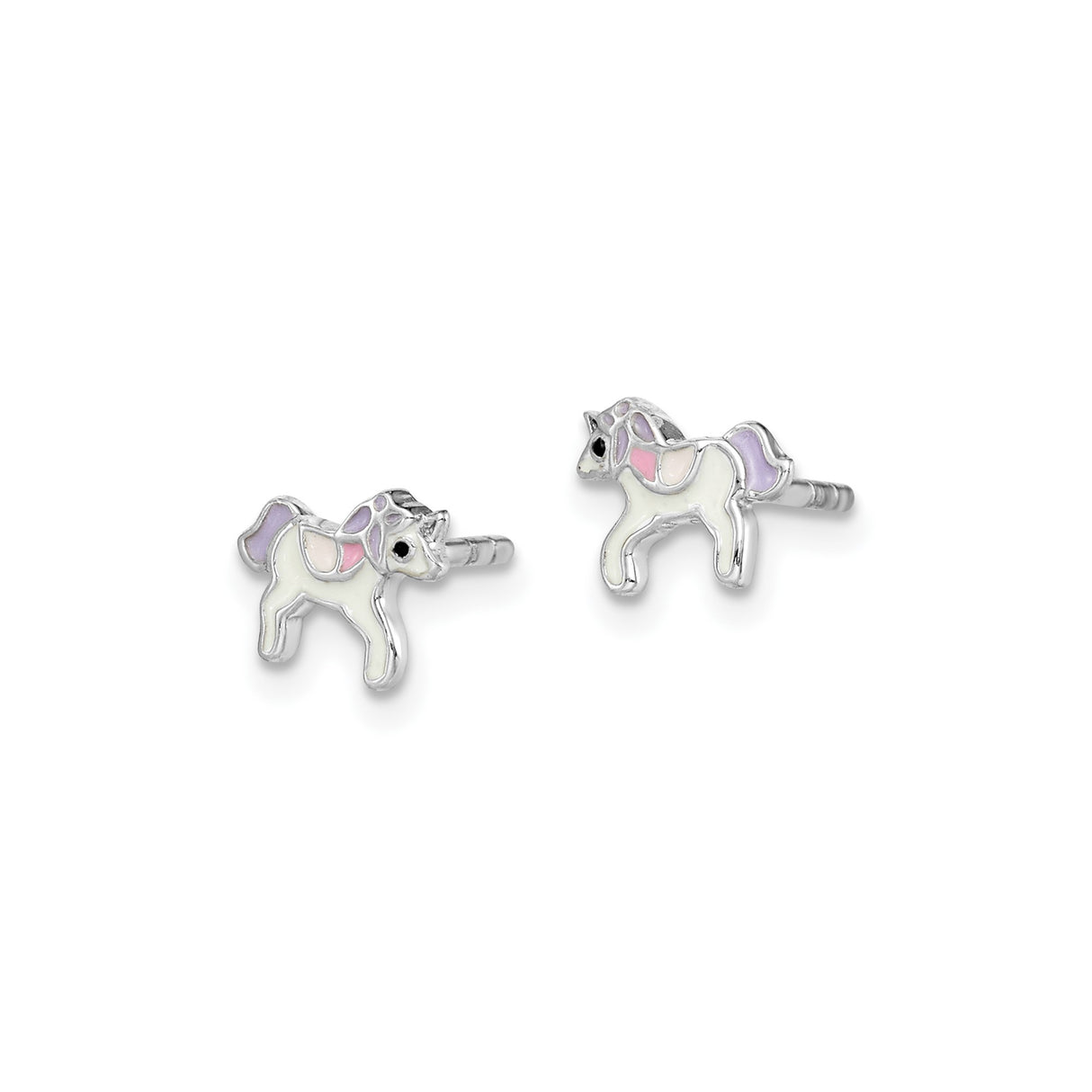 Sterling Silver Unicorn Stud Earrings with Pink and Purple Enamel, Fantasy Theme for Girls
