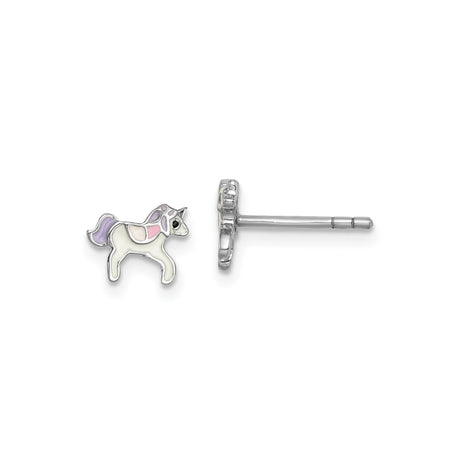 Sterling Silver Unicorn Stud Earrings with Pink and Purple Enamel, Fantasy Theme for Girls