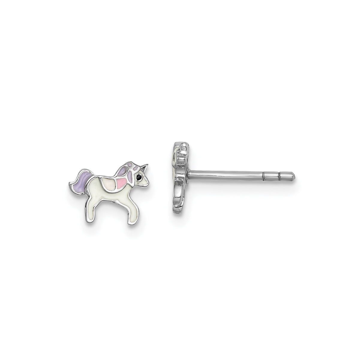 Sterling Silver Unicorn Stud Earrings with Pink and Purple Enamel, Fantasy Theme for Girls