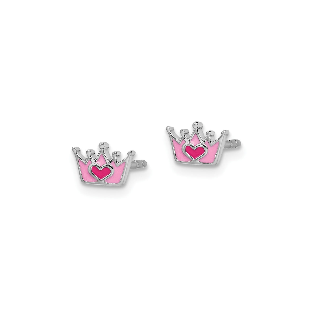 Sterling Silver Crown Stud Earrings with Pink Enamel Heart, Princess Theme for Tweens