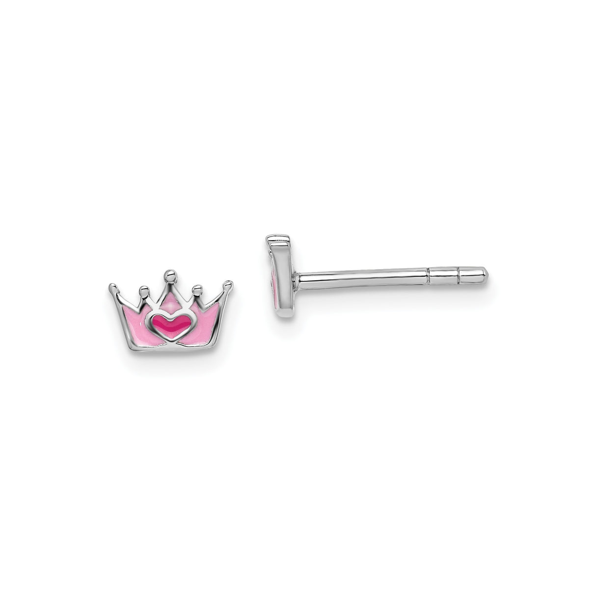 Sterling Silver Crown Stud Earrings with Pink Enamel Heart, Princess Theme for Tweens