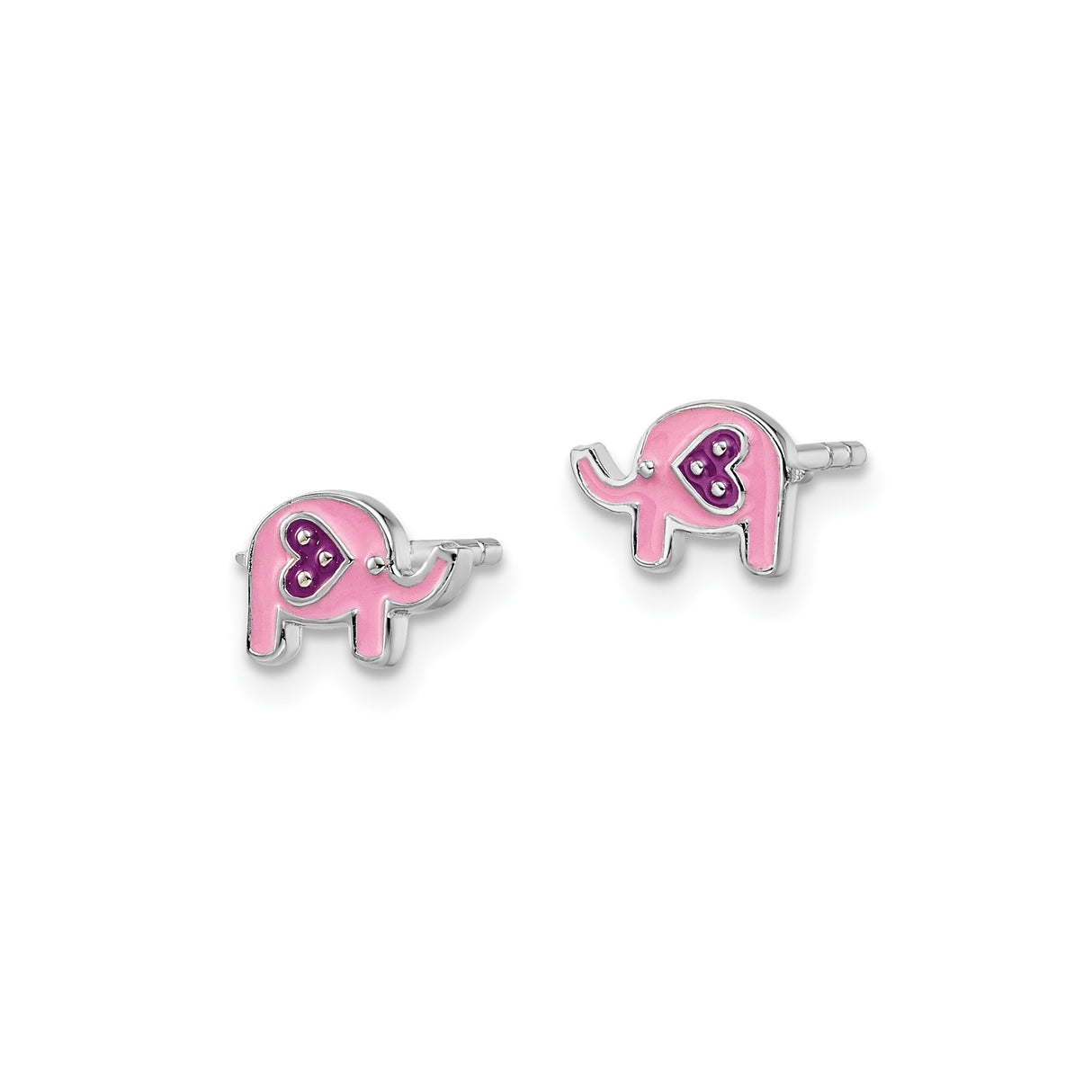 Sterling Silver Elephant Stud Earrings with Pink Enamel and Purple Heart Accent for Girls