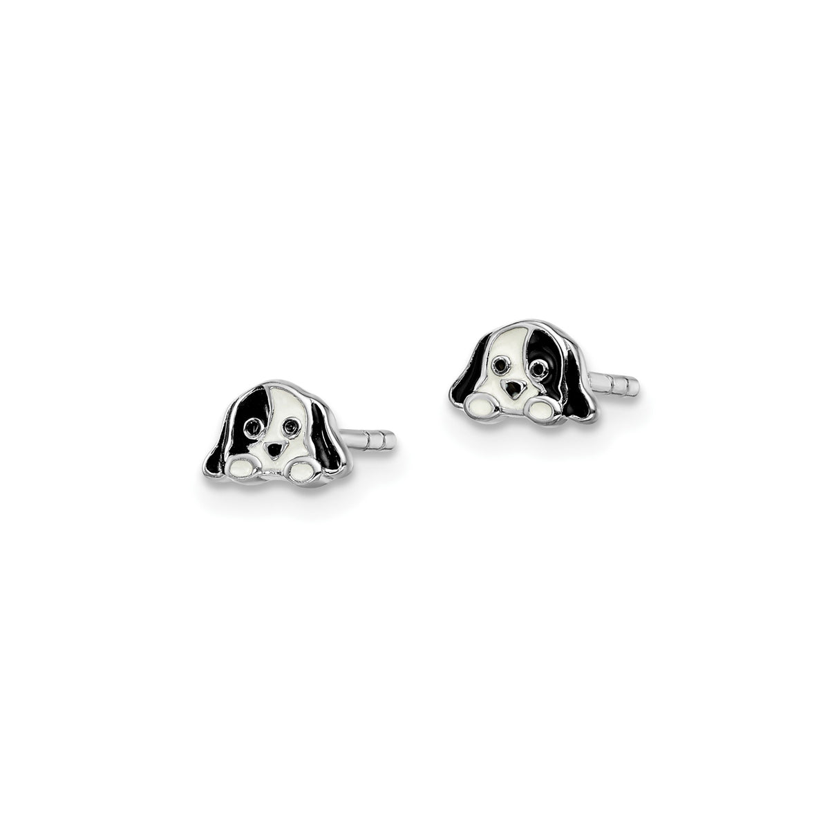 Sterling Silver Puppy Face Stud Earrings with Black and White Enamel, Cute Dog Design for Girls