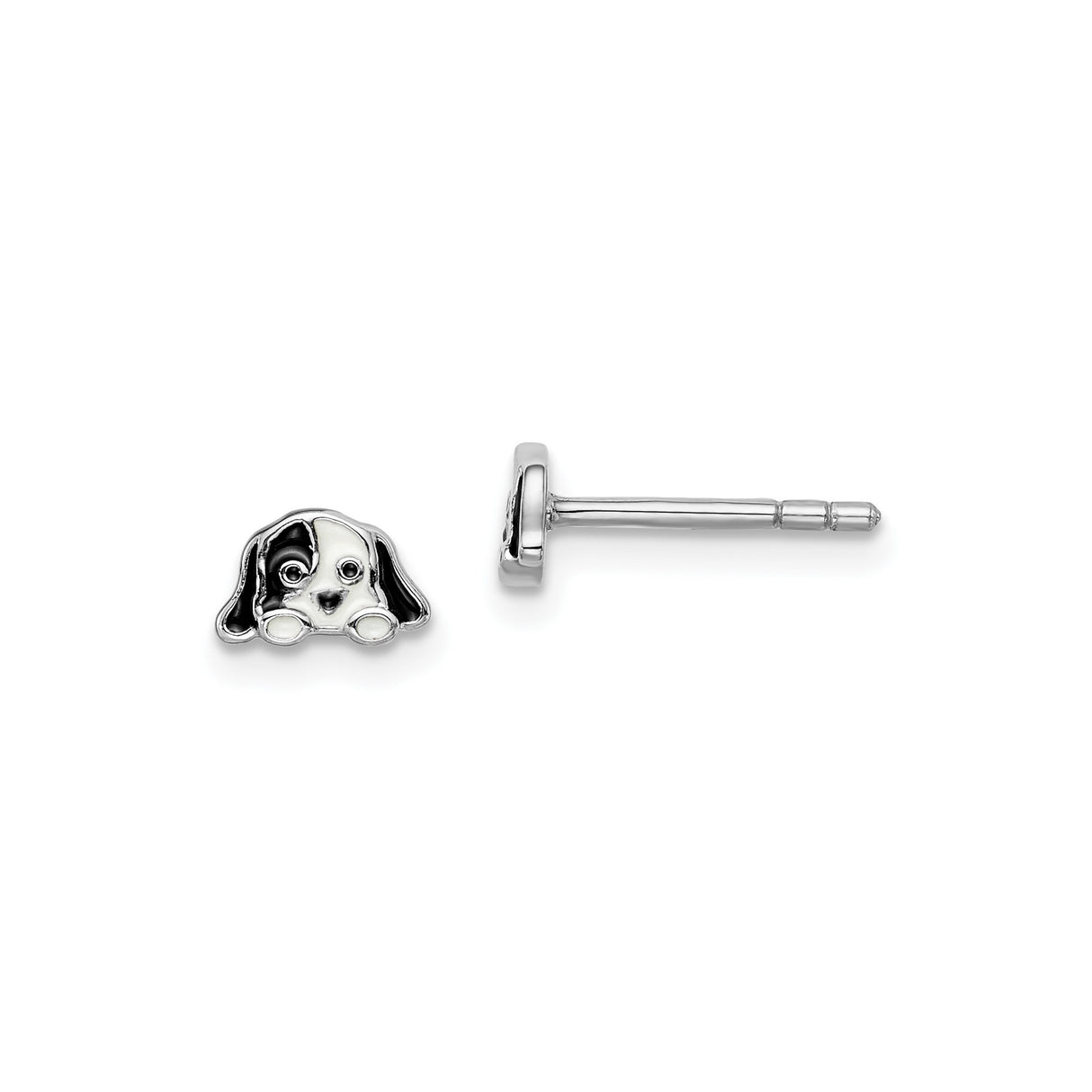 Sterling Silver Puppy Face Stud Earrings with Black and White Enamel, Cute Dog Design for Girls
