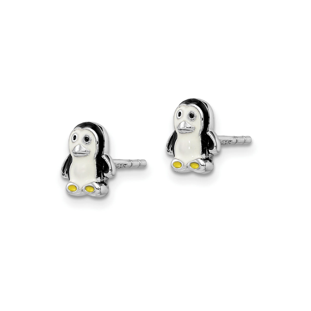 Sterling Silver Penguin Stud Earrings with Black, White, and Yellow Enamel Accents