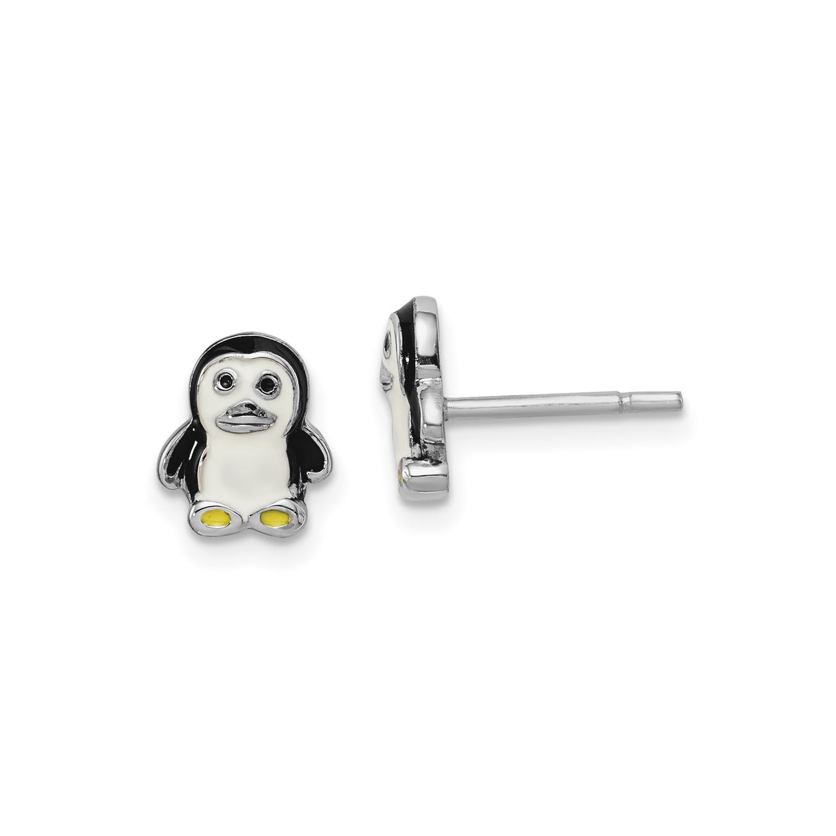 Sterling Silver Penguin Stud Earrings with Black, White, and Yellow Enamel Accents