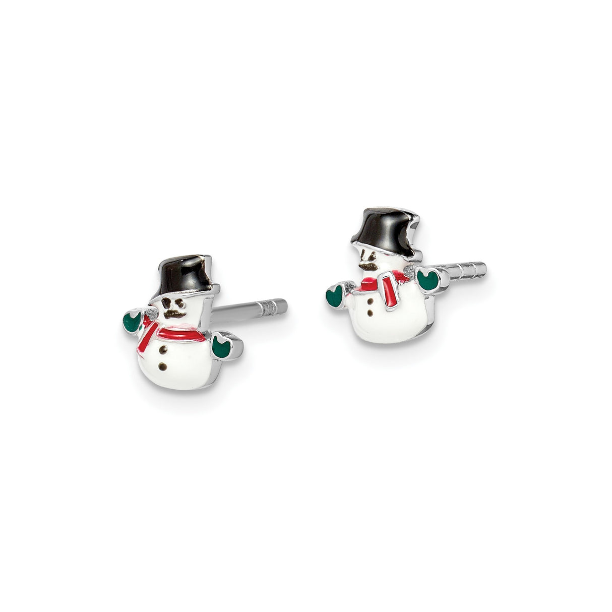 Sterling Silver Snowman Stud Earrings with Black, Red, and Green Enamel Accents, Holiday Theme