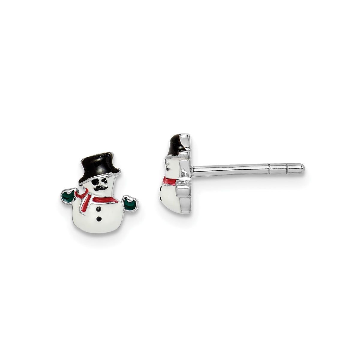 Sterling Silver Snowman Stud Earrings with Black, Red, and Green Enamel Accents, Holiday Theme