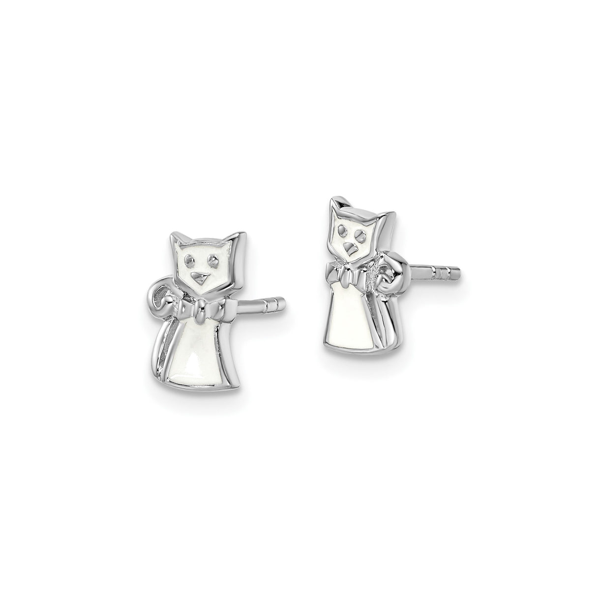 Sterling Silver Cat Stud Earrings with White Enamel and Bow Tie Design