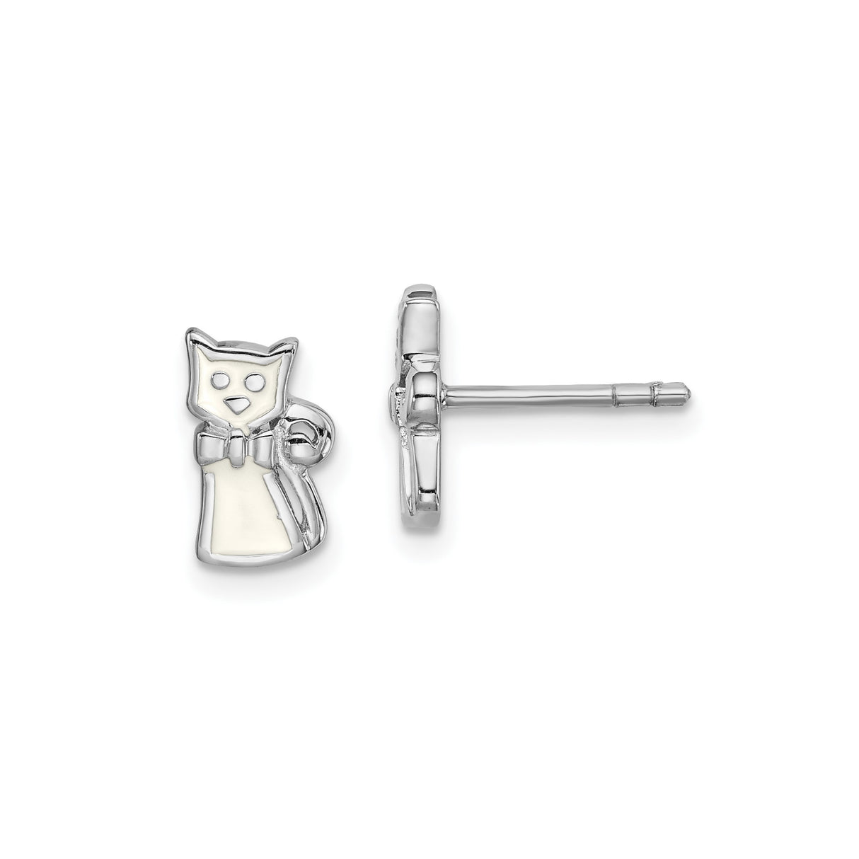 Sterling Silver Cat Stud Earrings with White Enamel and Bow Tie Design