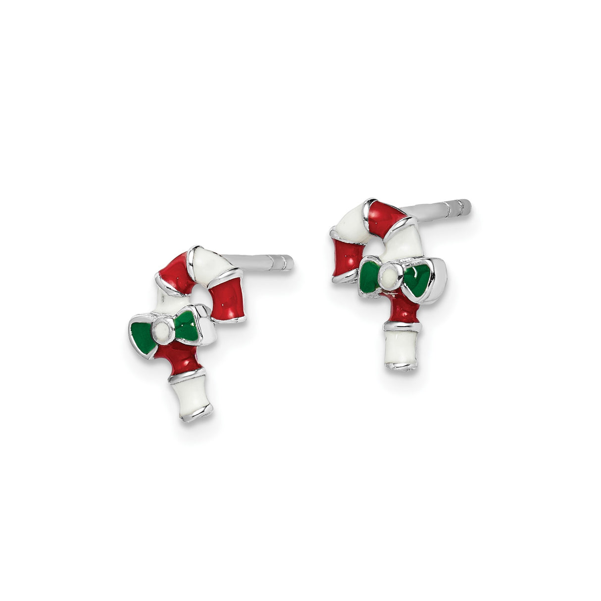 Sterling Silver Candy Cane Stud Earrings with Red and Green Bows, Christmas Holiday Theme