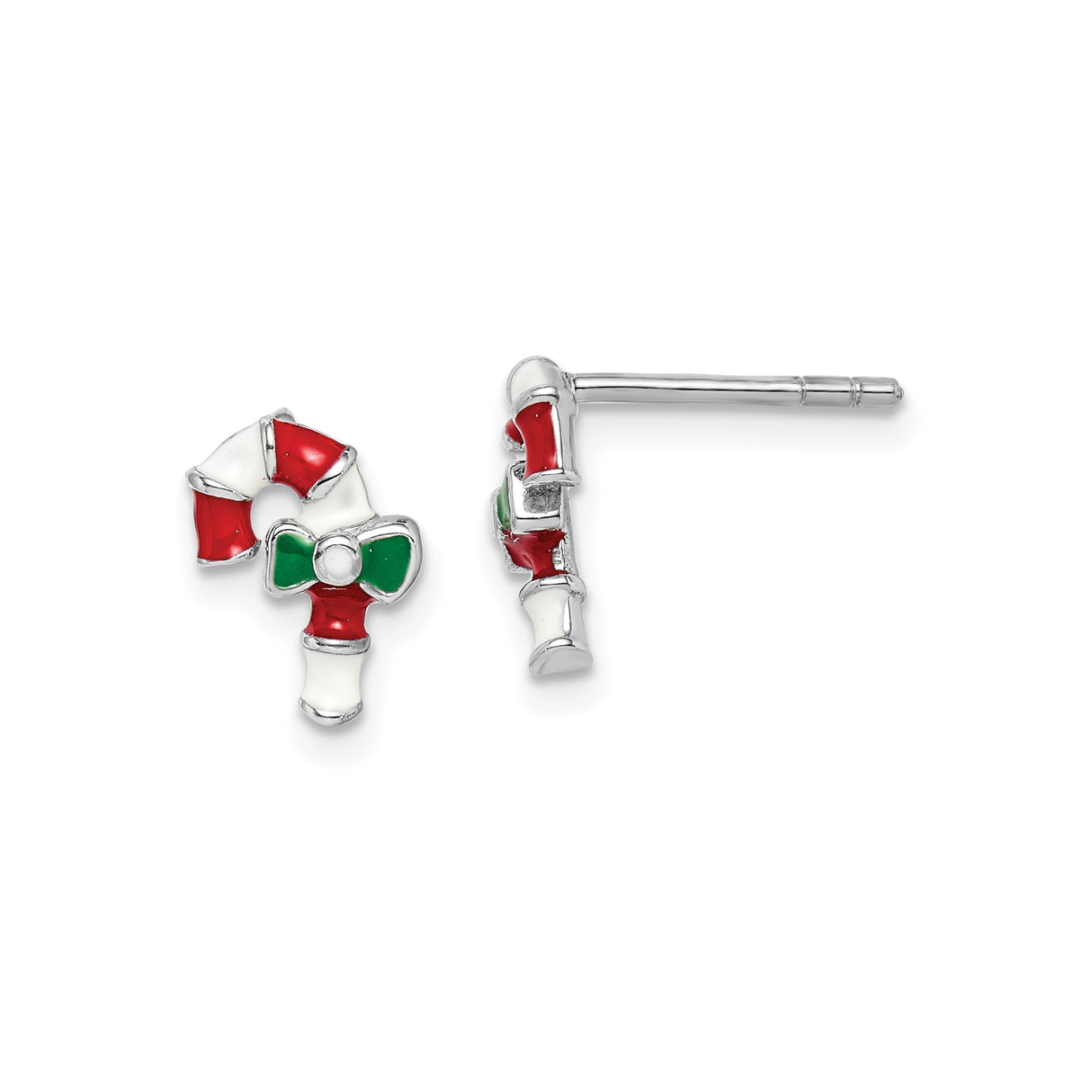 Sterling Silver Candy Cane Stud Earrings with Red and Green Bows, Christmas Holiday Theme