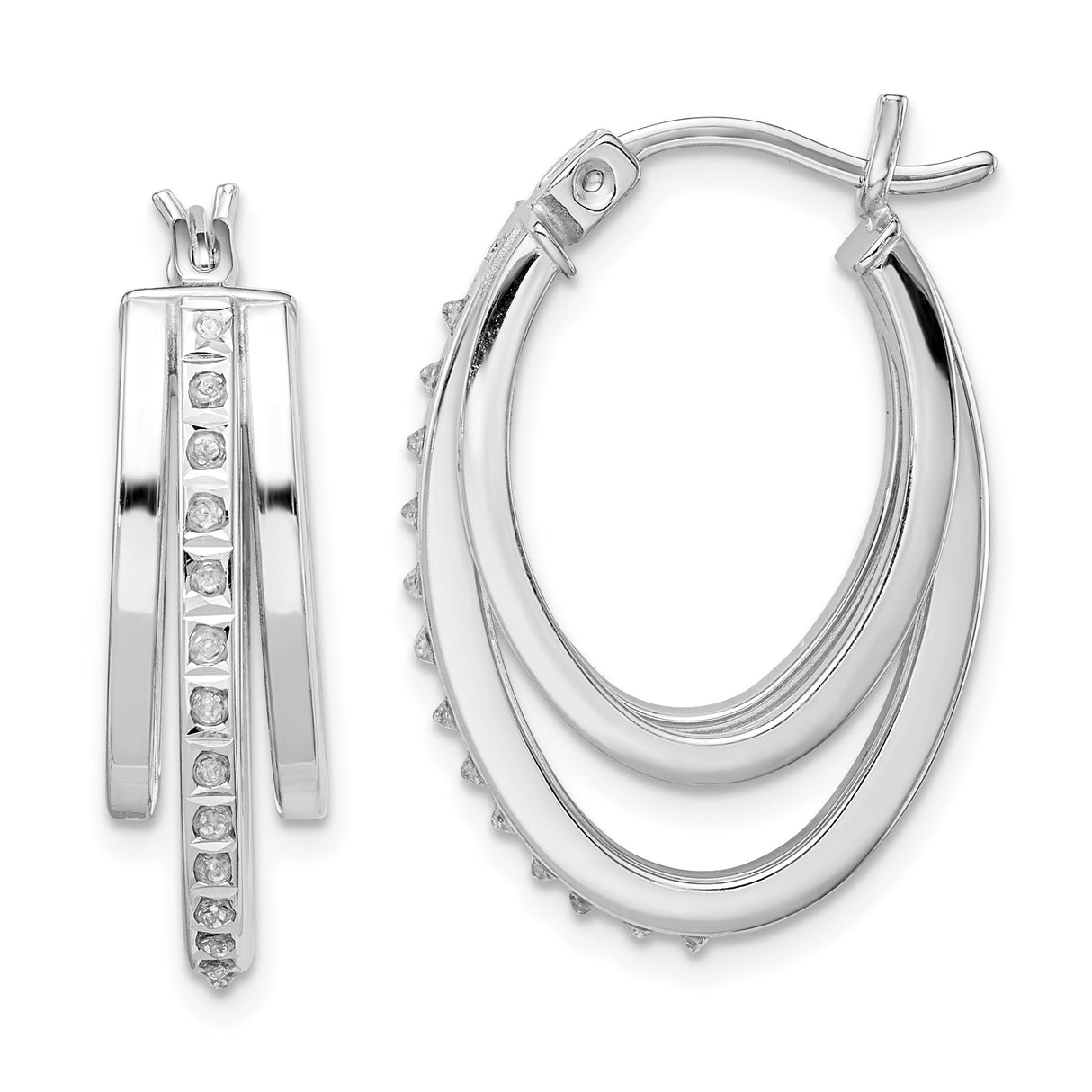 Sterling Silver Oval Hoop Earrings with Diamond Mystique and Layered Design