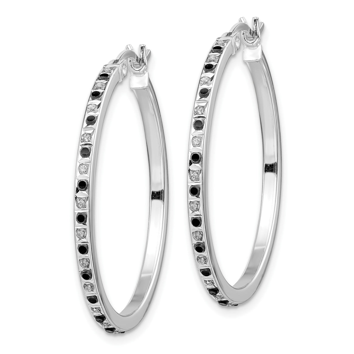 Sterling Silver Hoop Earrings with Alternating Black and White Cubic Zirconia, Modern Two-Tone Design
