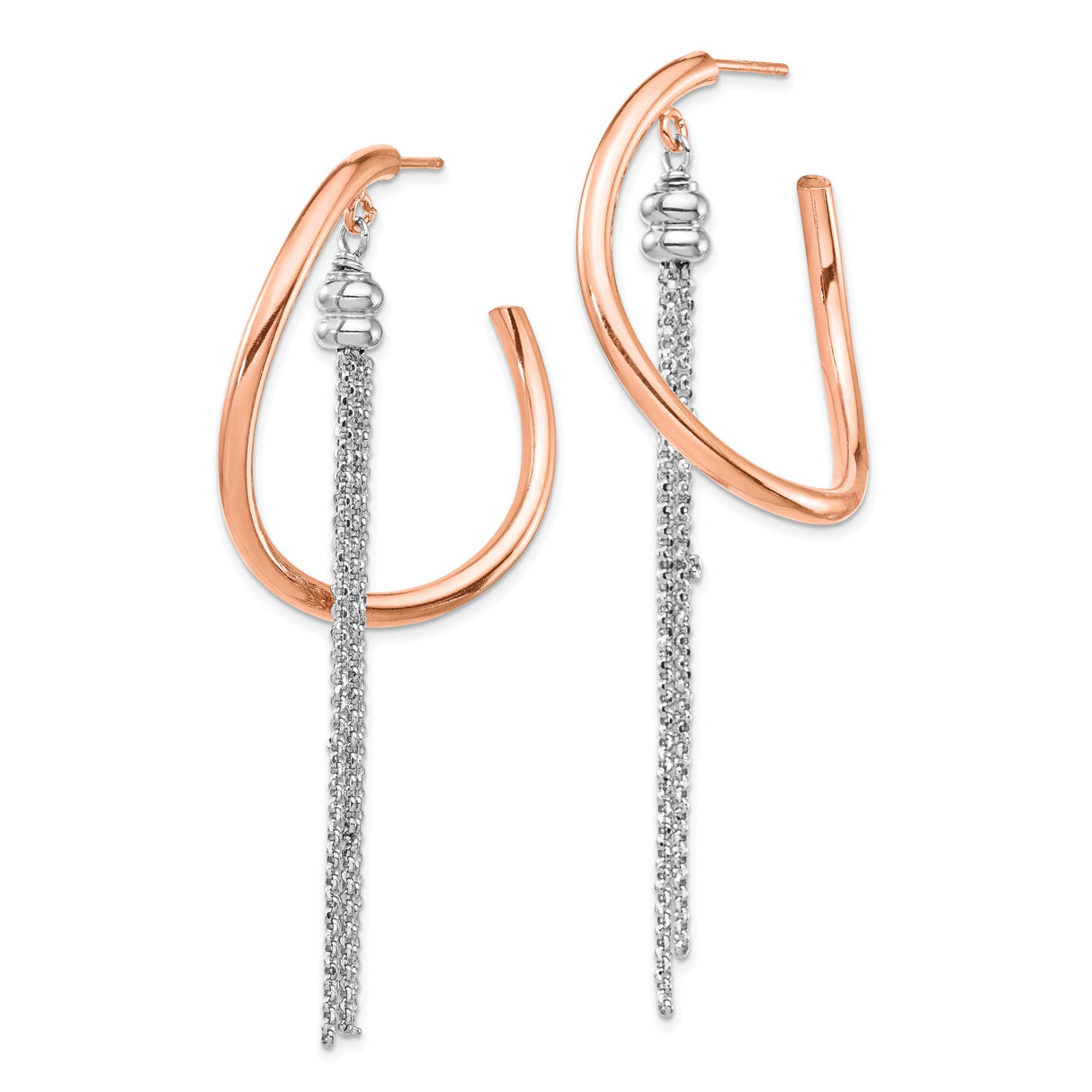 Sterling Silver Hoop Earrings with Rose Gold Tone, Multi-Strand Chain Tassels and Beaded Accents